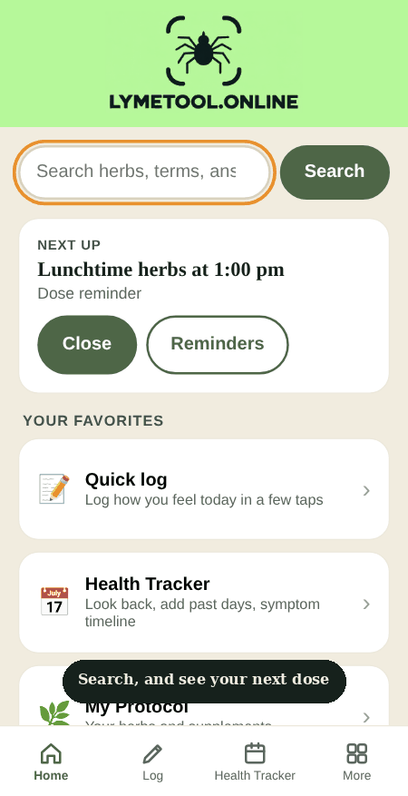 Screen recording of the Lyme Tools app. A member searches for a herb and sees suggestions, looks at the next dose reminder, taps a bar on the walking chart, switches between named protocols, browses a protocol shared by another member, and sees possible herb and medicine clashes. Example data.